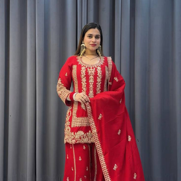 Prazu Fashion Red Georgette Embroidered Sequin Palazzo Suit