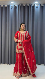Thumbnail for Prazu Fashion Red Georgette Embroidered Sequin Palazzo Suit