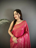 Thumbnail for Joban Fashion Pink Floral Motifs & Ethnic Design Soft Satin Silk Kanchipuram Saree - Distacart