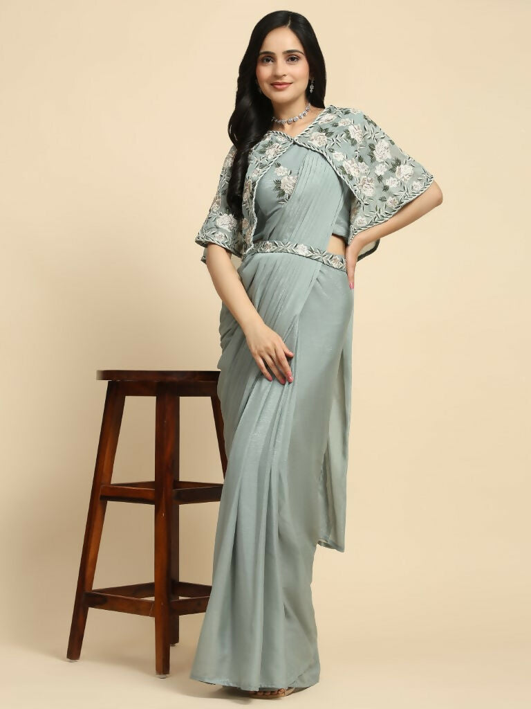 Sea Green Chiffon Solid Ready to wear Saree with stitched Blouse - Aayan - Distacart