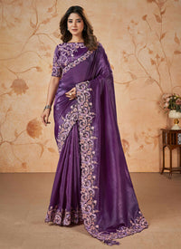Thumbnail for Purple Banarasi Crush Silk Thread, Sequence, Cord Embroidered with Stone & Moti Work Saree - Mohmanthan Dakshika - Distacart