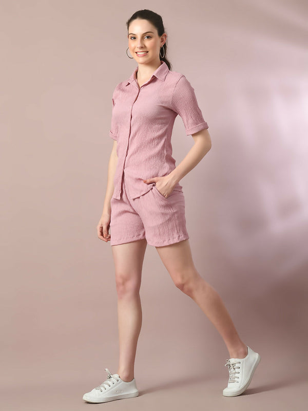 Myshka Women's Pink Solid Shirt Collar Party Shirt With Shorts Co-ord set - Distacart