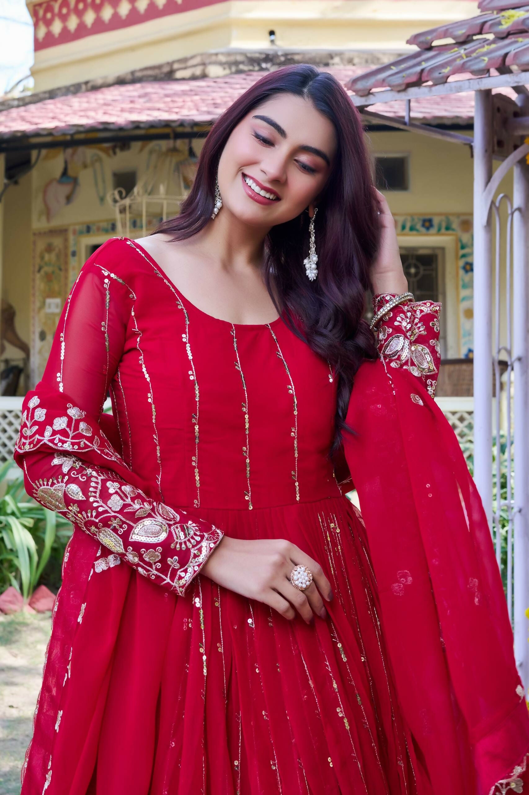 Teeya Creation Womens Casual Party Wear Heavy 5Mm Sequence Embroidery Work Gown Set - Dista