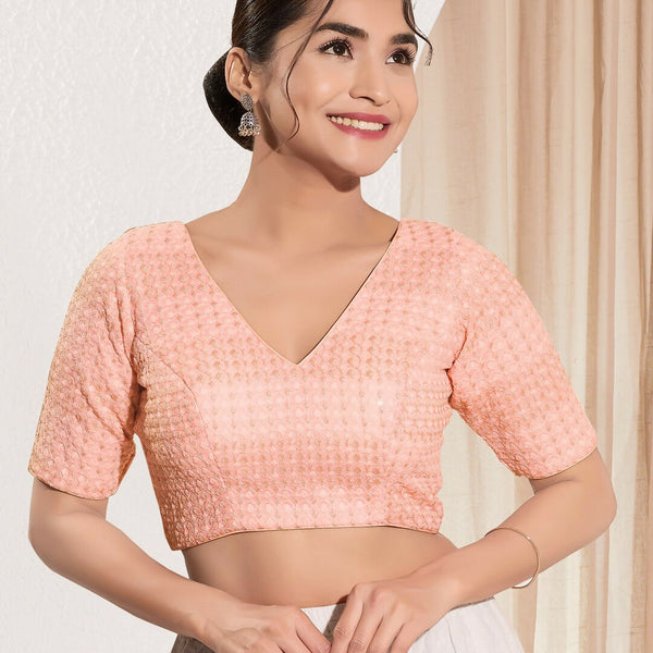 Joban Fashion Peach Crochet Padded Blouse With V Neck Elbow Sleeves - Distacart