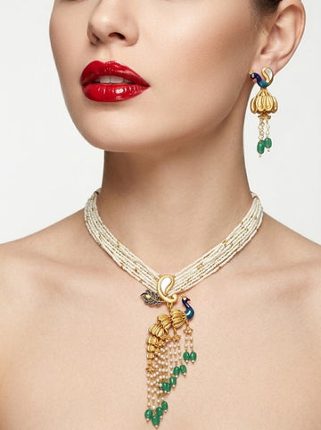Jewel City Traditional Antique Gold Plated Peacock Kundan Necklace Set With Pearl Strands - Dista