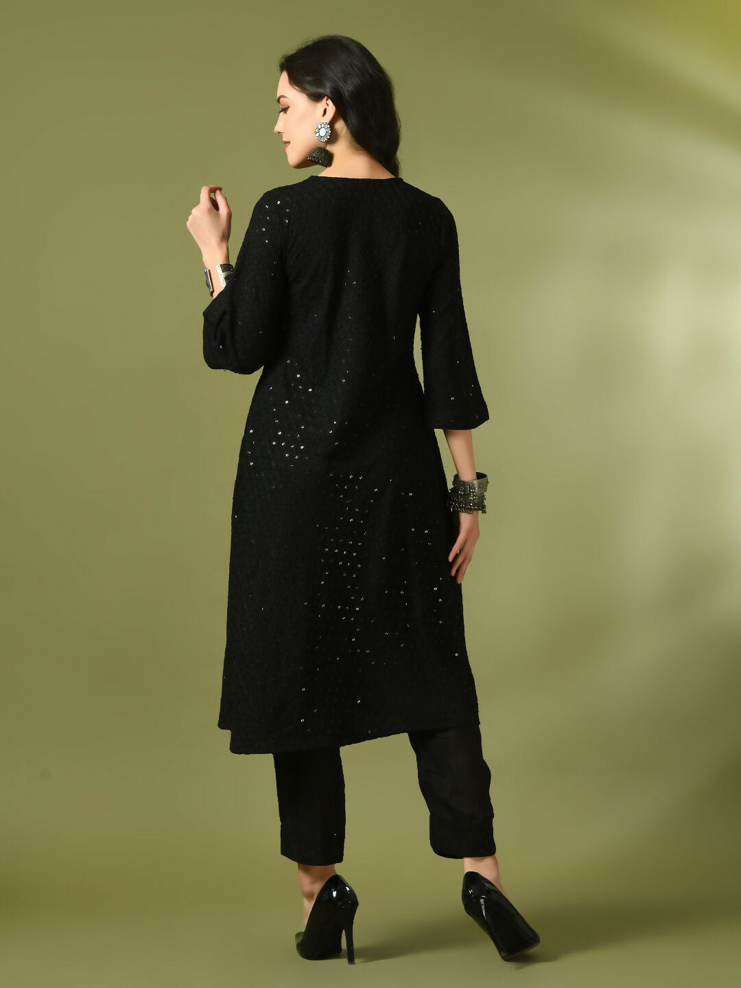 Myshka Women's Black Embroidered Cotton A-Line Party Kurta Set - Distacart