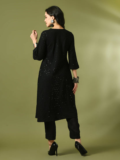Myshka Women's Black Embroidered Cotton A-Line Party Kurta Set - Distacart