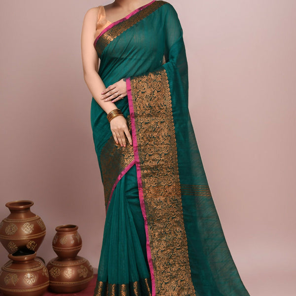 Joban Fashion Green Cotton Blend Handloom Saree - Dista