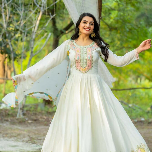 Joban Fashion White Chinnon Silk Sequence Embroidery Work Readymade Kurta Set