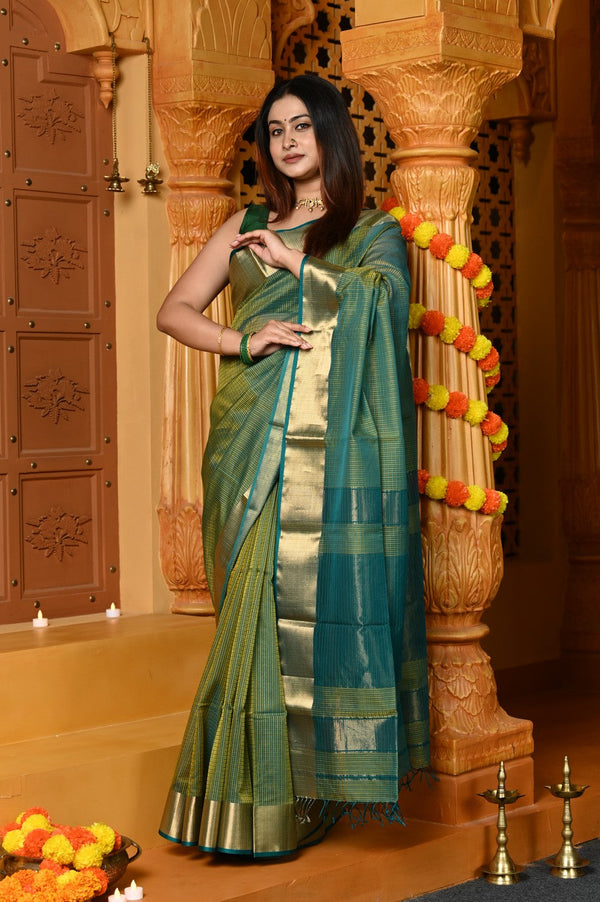 Very Much Indian Gaurangi - Handloom Cotton Silk Saree with Golden Border in Exclusive Dual Tone Blue Green