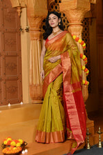 Thumbnail for Very Much Indian Gaurangi - Handloom Cotton Silk Saree with Golden Border in Exclusive Dual Tone Green Red