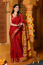 Thumbnail for Very Much Indian Gaurangi - Handloom Cotton Silk with Sleek Designer Border in Red Yellow Saree