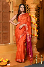 Thumbnail for Very Much Indian Gaurangi - Handloom Cotton Silk Saree with Golden Border in Exclusive Orange and Pink