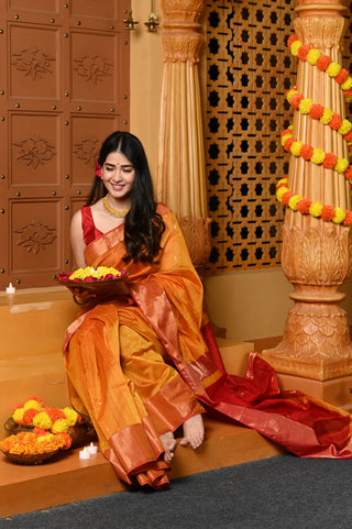 Very Much Indian Gaurangi - Handloom Cotton Silk Saree with Golden Border in Exclusive Dual Tone Yellow Red