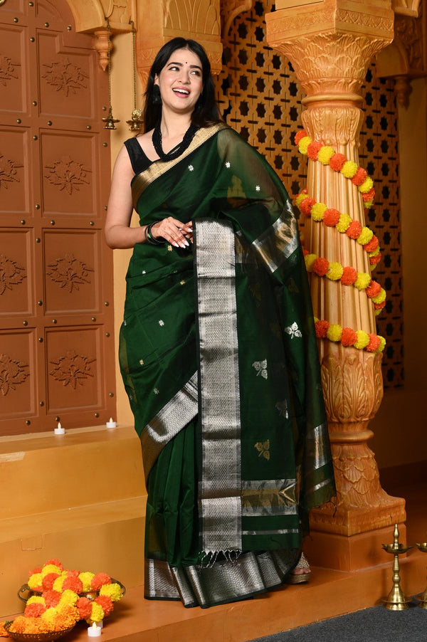 Very Much Indian Gaurangi - Handloom Cotton Silk Saree with Gold Silver Border in Exclusive Green with Vine Pallu