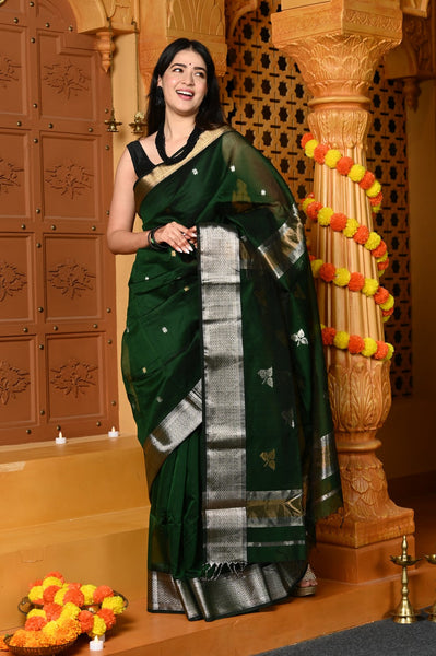 Very Much Indian Gaurangi - Handloom Cotton Silk Saree with Gold Silver Border in Exclusive Green with Vine Pallu