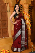 Thumbnail for Very Much Indian Gaurangi - Handloom Cotton Silk Saree with Gold Silver Border in Exclusive Maroon with Vine Pallu
