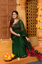 Thumbnail for Very Much Indian Gaurangi - Handloom Cotton Silk Saree with Sleek Golden Border in Exclusive Royal Green Pink