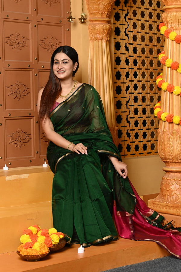 Very Much Indian Gaurangi - Handloom Cotton Silk Saree with Sleek Golden Border in Exclusive Royal Green Pink
