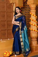 Thumbnail for Very Much Indian Gaurangi - Handloom Cotton Silk Saree with Golden Border in Exclusive Rich Blue