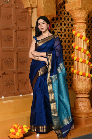 Very Much Indian Gaurangi - Handloom Cotton Silk Saree with Golden Border in Exclusive Rich Blue