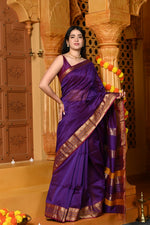 Thumbnail for Very Much Indian Gaurangi - Handloom Cotton Silk with Golden Border in Exclusive Purple Saree