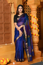 Thumbnail for Very Much Indian Gaurangi - Handloom Cotton Silk Saree with Gold Border in Exclusive Royal Blue with Rainbow Shein