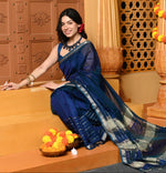 Thumbnail for Very Much Indian Gaurangi - Handloom Cotton Silk with Sleek Designer Border in Peacock Blue Saree