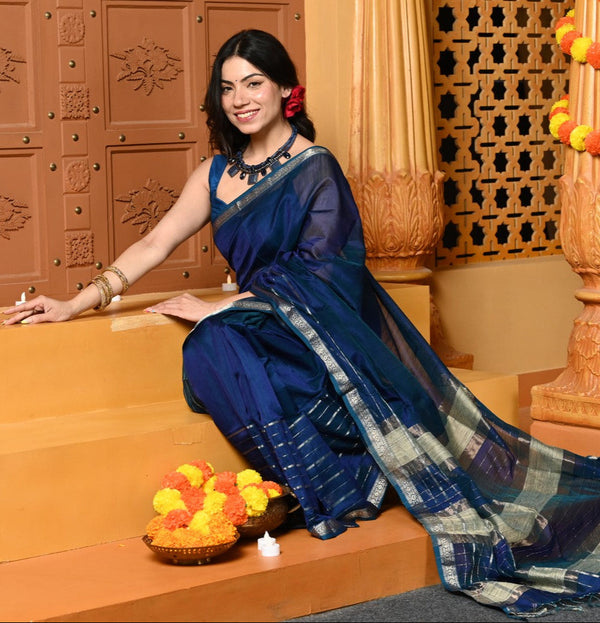 Very Much Indian Gaurangi - Handloom Cotton Silk with Sleek Designer Border in Peacock Blue Saree
