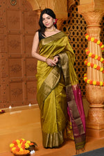 Thumbnail for Very Much Indian Gaurangi - Handloom Cotton Silk Saree with Golden Border in Exclusive Lemon Yellow with Red Pallu