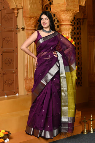 Very Much Indian Gaurangi - Handloom Cotton Silk Saree with Silver Border in Exclusive Wine with Yellow Pallu
