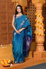 Thumbnail for Very Much Indian Gaurangi - Handloom Cotton Silk Saree with Golden Border in Exclusive Indigo Blue
