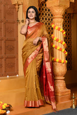 Thumbnail for Very Much Indian Gaurangi - Handloom Cotton Silk Saree with Gold Border in Exclusive Olive Yellow