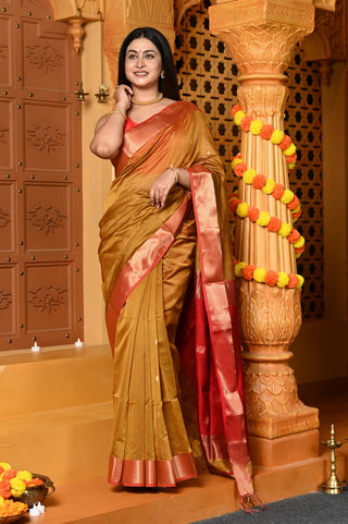 Very Much Indian Gaurangi - Handloom Cotton Silk Saree with Gold Border in Exclusive Olive Yellow