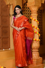 Thumbnail for Very Much Indian Gaurangi - Handloom Cotton Silk Saree with Gold Border in Exclusive Orange with Pink Pallu