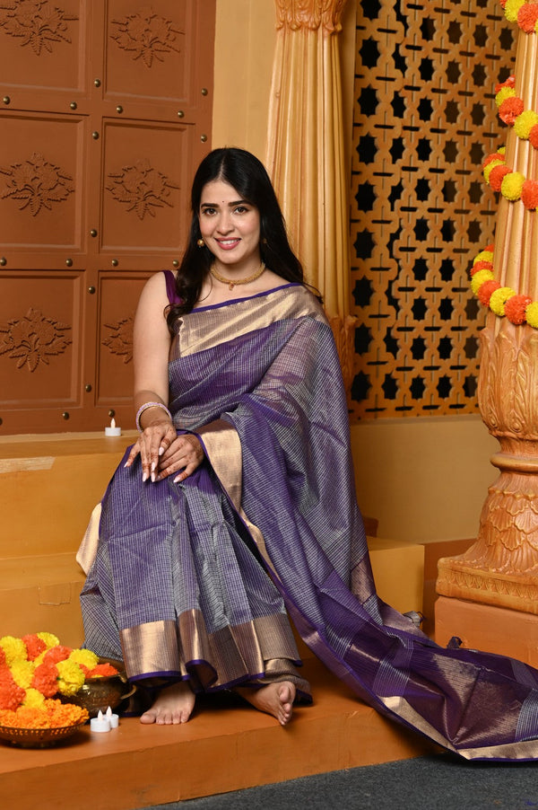 Very Much Indian Gaurangi - Handloom Cotton Silk Saree with Golden Border in Exclusive Dual Tone Lavender Blue