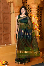 Thumbnail for Very Much Indian Gaurangi - Handloom Cotton Silk Saree with Gold Border in Exclusive Royal Green with Rainbow Shein
