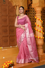 Thumbnail for Very Much Indian Gaurangi - Handloom Cotton Silk Saree with Golden Border in Exclusive Baby Pink with Floral Pallu