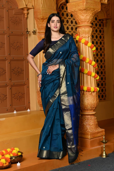 Very Much Indian Gaurangi - Handloom Cotton Silk Saree with Golden Border in Exclusive Indigo Blue with Vine Pallu