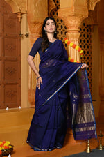 Thumbnail for Very Much Indian Gaurangi - Handloom Cotton Silk Saree with Sleek Golden Border in Exclusive Royal Blue
