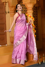 Thumbnail for Very Much Indian Gaurangi - Handloom Cotton Silk Saree with Golden and Silver Border in Exclusive Lavender