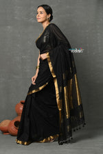 Thumbnail for Very Much Indian Designed by VMI ~ Pure High Quality Mul Cotton Handloom Saree - Black Gold - Distacart