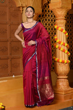 Thumbnail for Very Much Indian Gaurangi - Handloom Cotton Silk Saree with Sleek Golden Border in Exclusive Maroon