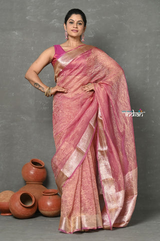 Very Much Indian Tyohaar - Exclusive! Banarasi Handloom Crushed - Pure Tissue Silk Saree - Soft Pink (Silk Mark Certified) - Distacart