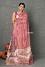 Thumbnail for Very Much Indian Tyohaar - Exclusive! Banarasi Handloom Crushed - Pure Tissue Silk Saree - Soft Pink (Silk Mark Certified) - Distacart