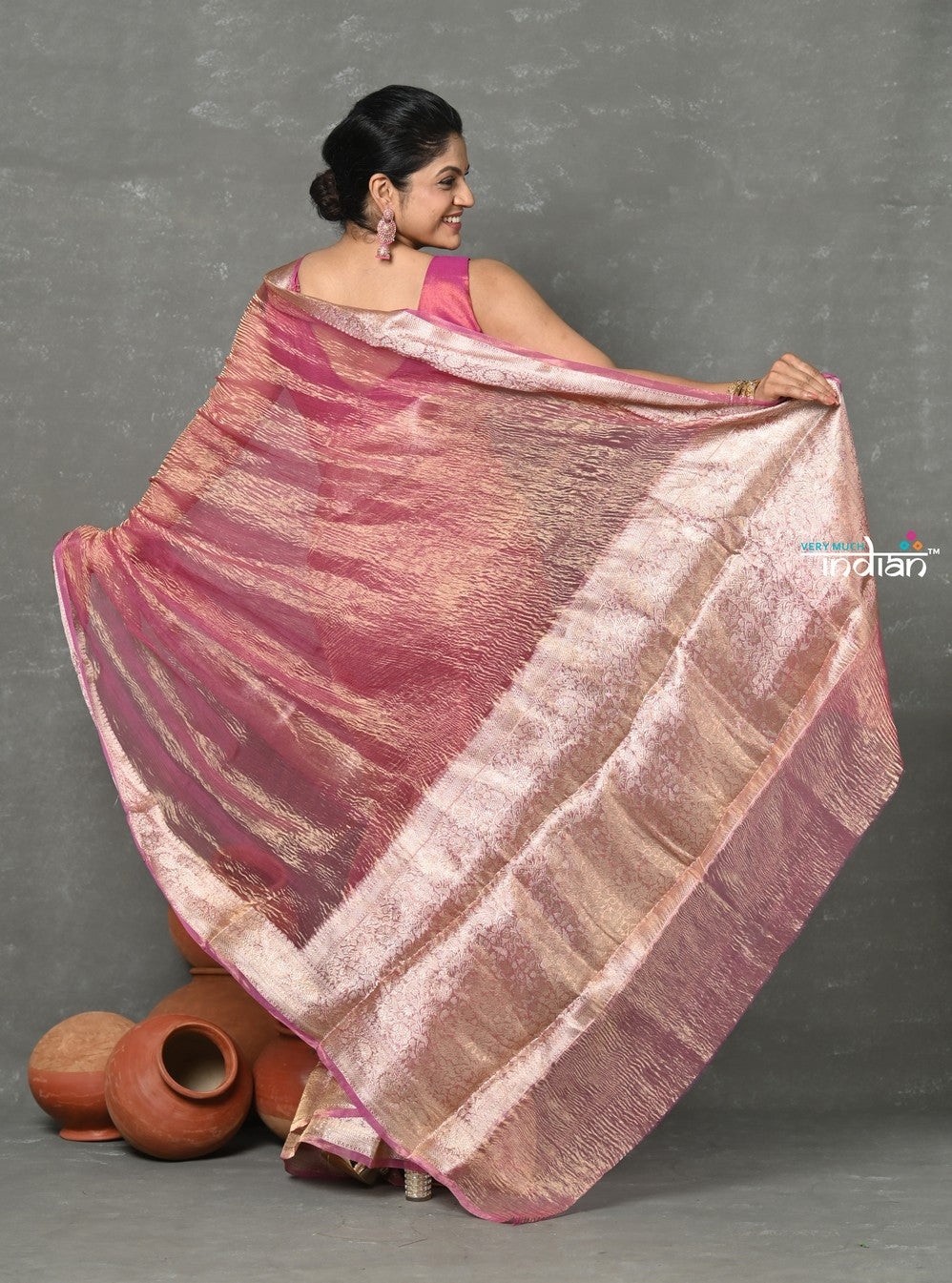 Very Much Indian Tyohaar - Exclusive! Banarasi Handloom Crushed - Pure Tissue Silk Saree - Soft Pink (Silk Mark Certified) - Distacart
