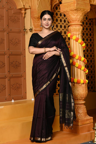 Very Much Indian Gaurangi - Handloom Cotton Silk Saree with Golden Border in Exclusive Brown