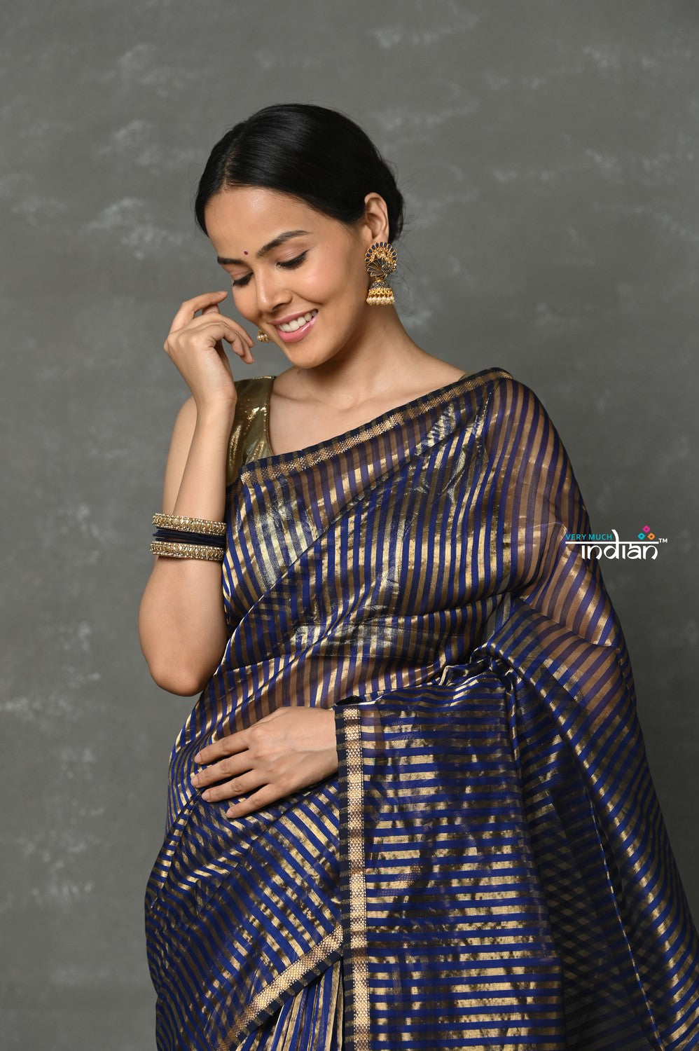 Very Much Indian Handloom Pure Cotton Silk Saree With Trendy Golden Stripes - Indigo Blue - Distacart