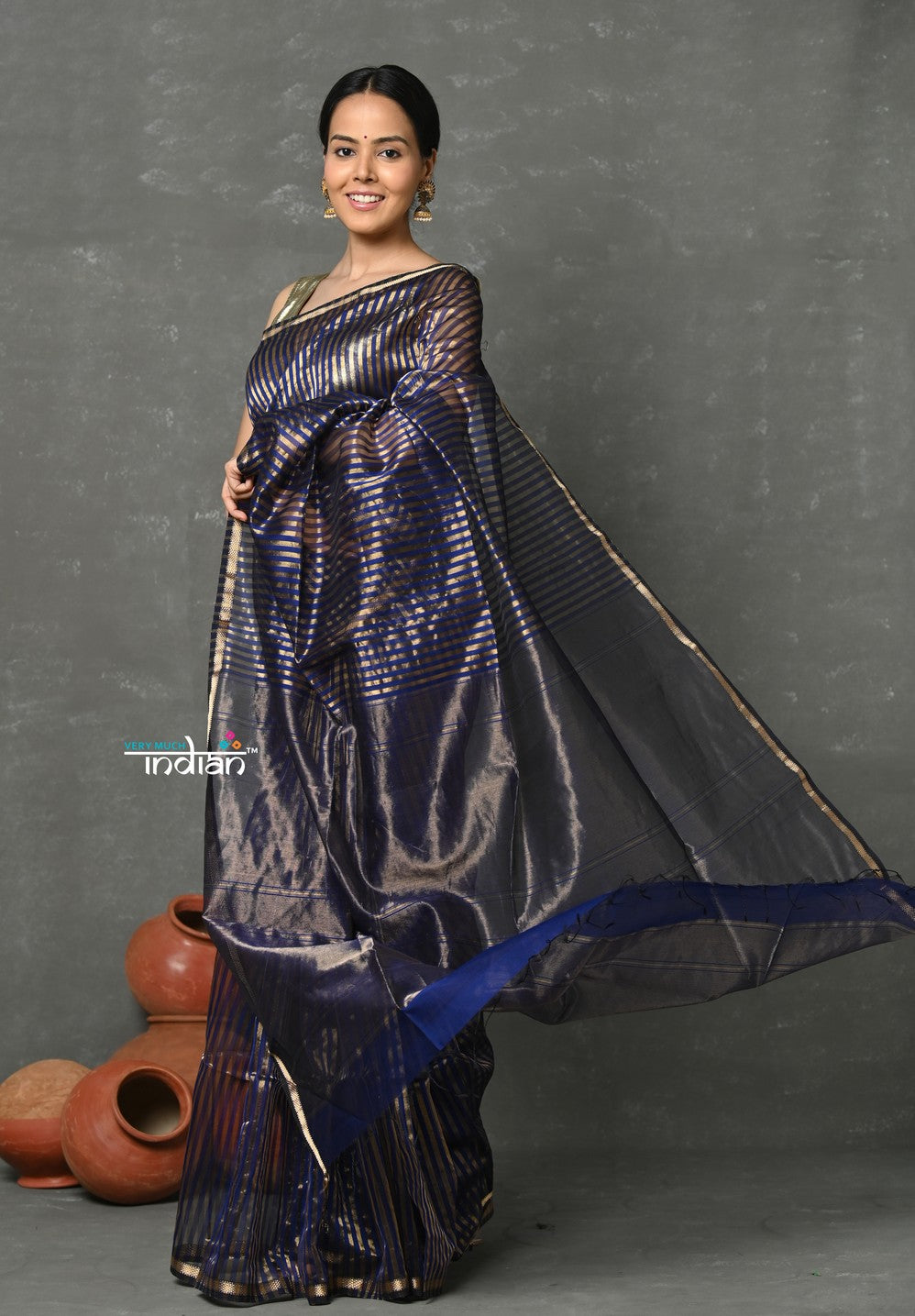 Very Much Indian Handloom Pure Cotton Silk Saree With Trendy Golden Stripes - Indigo Blue - Distacart