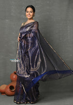 Thumbnail for Very Much Indian Handloom Pure Cotton Silk Saree With Trendy Golden Stripes - Indigo Blue - Distacart